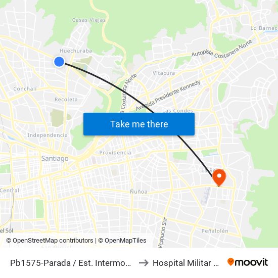 Pb1575-Parada / Est. Intermodal Vespucio Norte to Hospital Militar De Santiago map