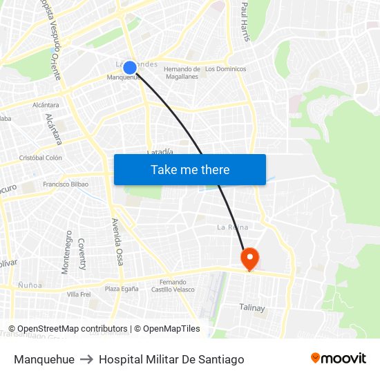 Manquehue to Hospital Militar De Santiago map