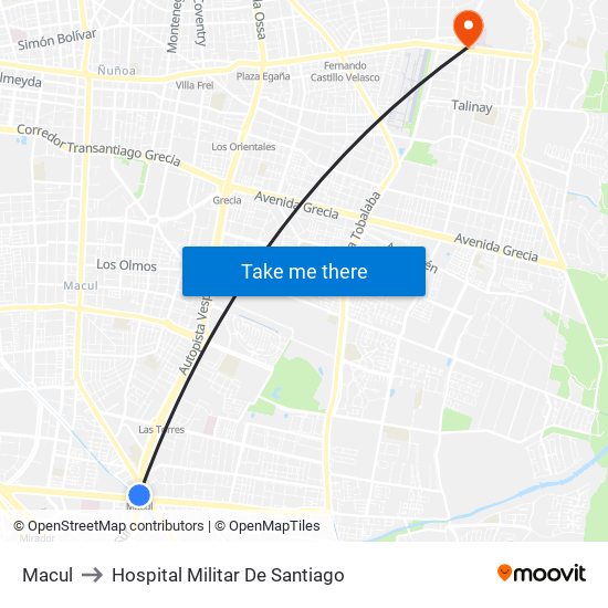 Macul to Hospital Militar De Santiago map