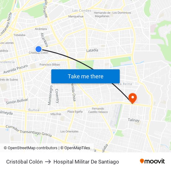 Cristóbal Colón to Hospital Militar De Santiago map