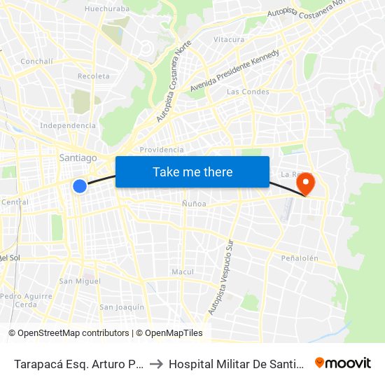 Tarapacá Esq. Arturo Prat to Hospital Militar De Santiago map