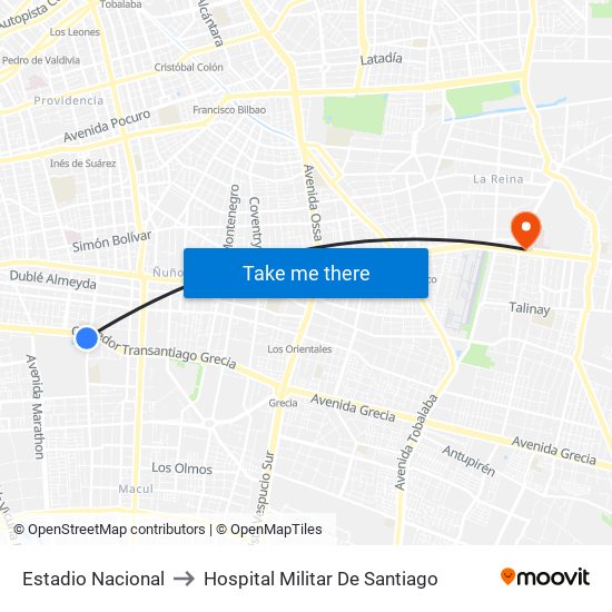 Estadio Nacional to Hospital Militar De Santiago map