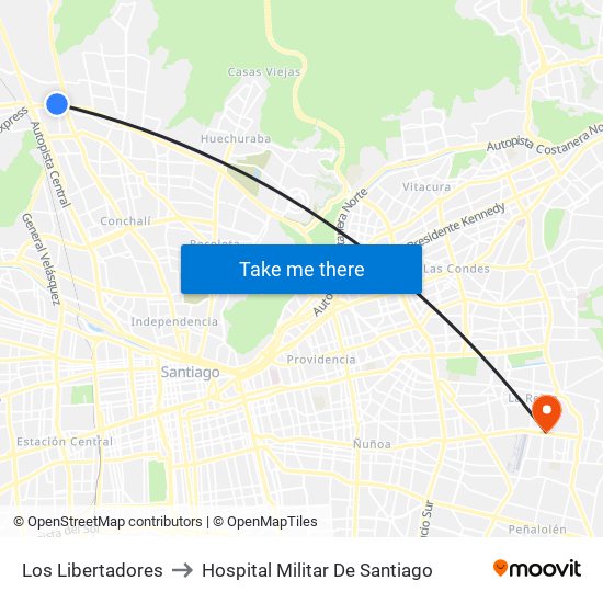 Los Libertadores to Hospital Militar De Santiago map