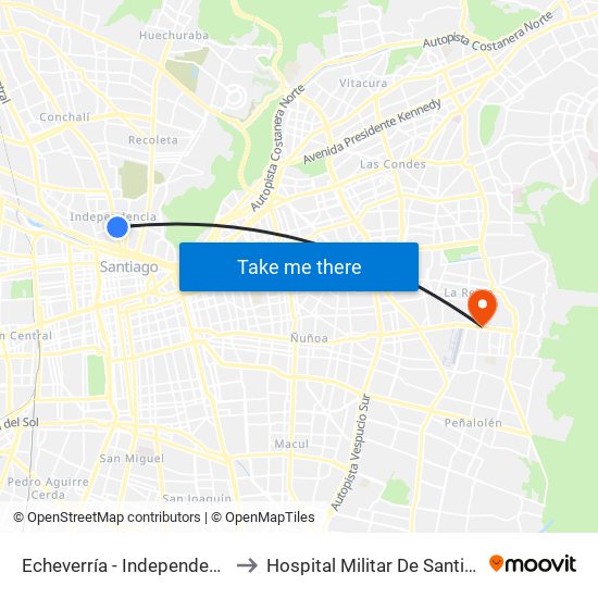 Echeverría - Independencia to Hospital Militar De Santiago map