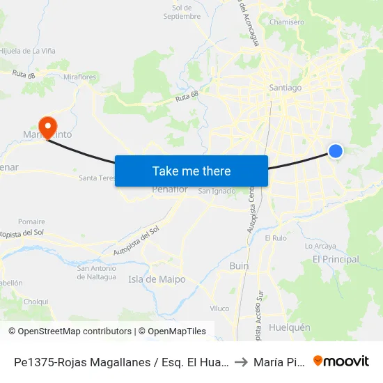 Pe1375-Rojas Magallanes / Esq. El Hualle Sur to María Pinto map