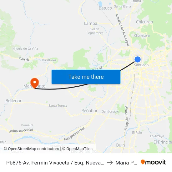 Pb875-Av. Fermín Vivaceta / Esq. Nueva De Matte to María Pinto map