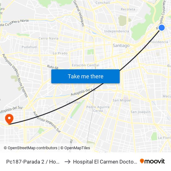 Pc187-Parada 2 / Hospital Metropolitano to Hospital El Carmen Doctor Luis Valentín Ferrada map