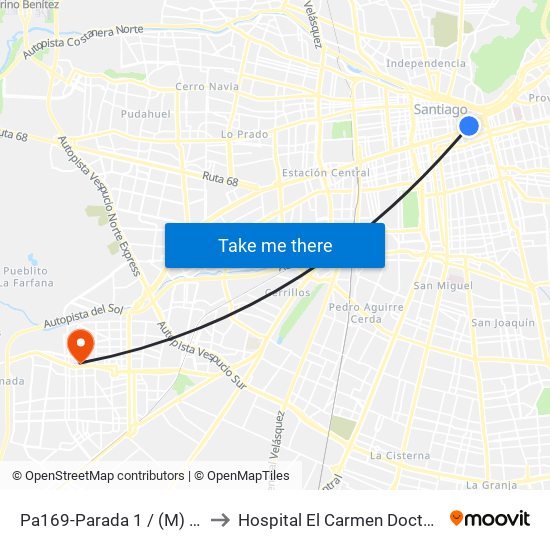 Pa169-Parada 1 / (M) Universidad Católica to Hospital El Carmen Doctor Luis Valentín Ferrada map