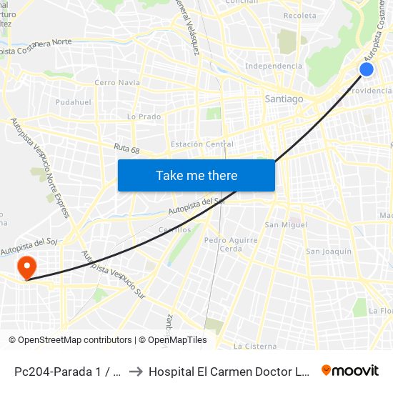 Pc204-Parada 1 / Guardia Vieja to Hospital El Carmen Doctor Luis Valentín Ferrada map