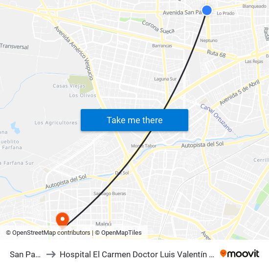 San Pablo to Hospital El Carmen Doctor Luis Valentín Ferrada map