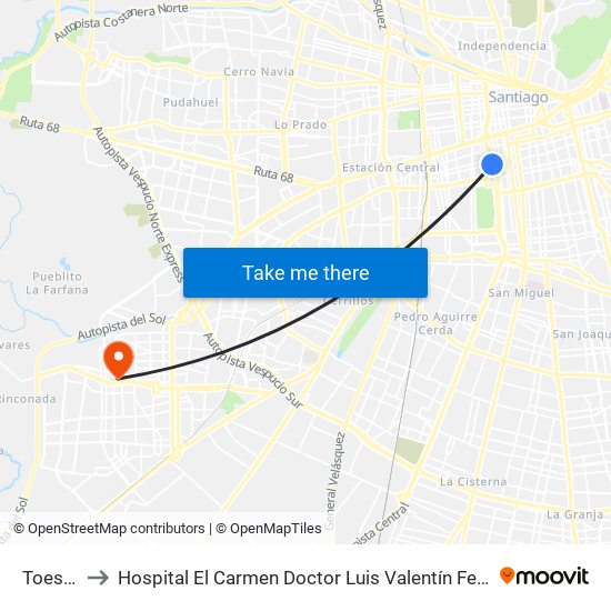 Toesca to Hospital El Carmen Doctor Luis Valentín Ferrada map