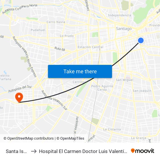 Santa Isabel to Hospital El Carmen Doctor Luis Valentín Ferrada map