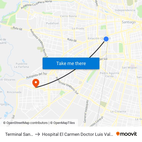 Terminal San Borja to Hospital El Carmen Doctor Luis Valentín Ferrada map