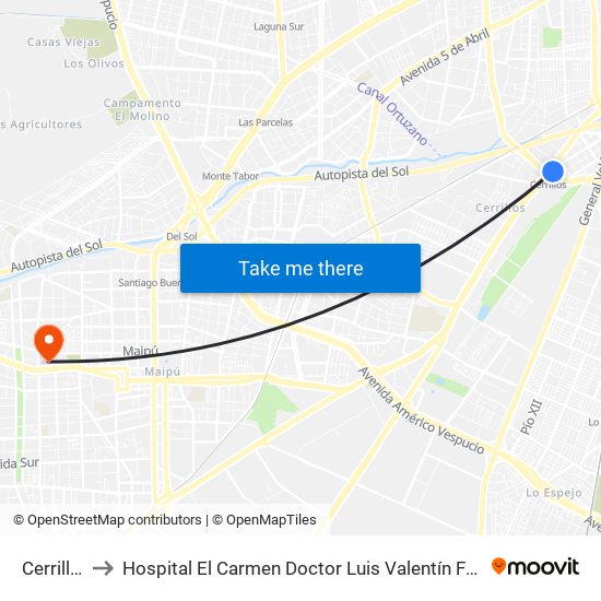 Cerrillos to Hospital El Carmen Doctor Luis Valentín Ferrada map