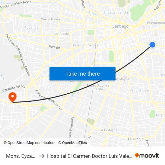 Mons. Eyzaguirre to Hospital El Carmen Doctor Luis Valentín Ferrada map