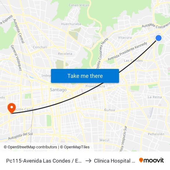 Pc115-Avenida Las Condes / Esq. Psje. Las Condes to Clínica Hospital Del Profesor map