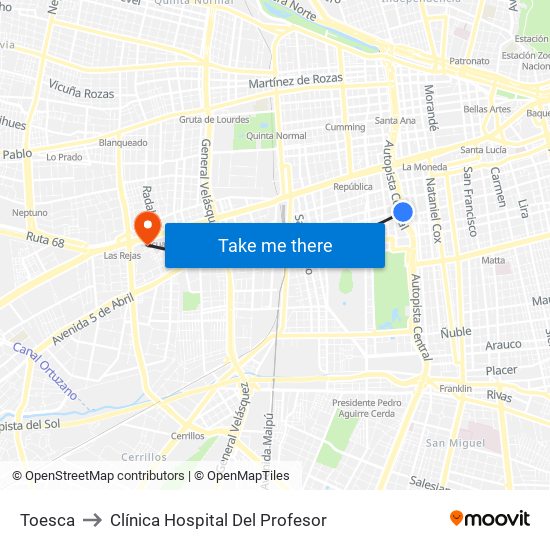 Toesca to Clínica Hospital Del Profesor map