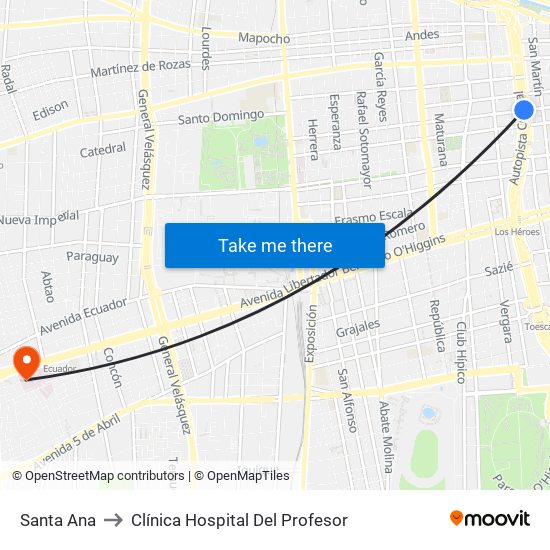 Santa Ana to Clínica Hospital Del Profesor map