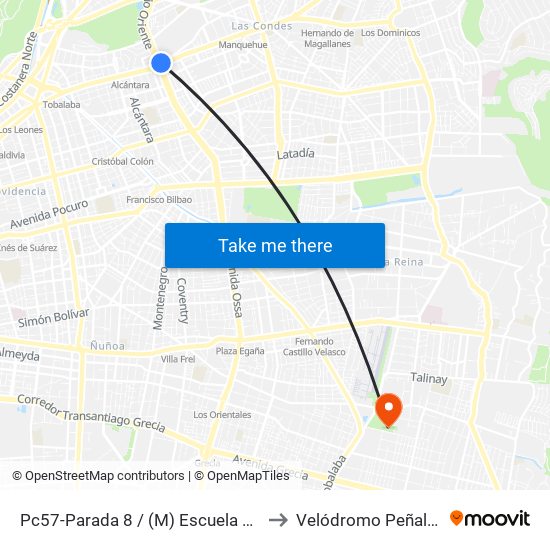 Pc57-Parada 8 / (M) Escuela Militar to Velódromo Peñalolén​ map