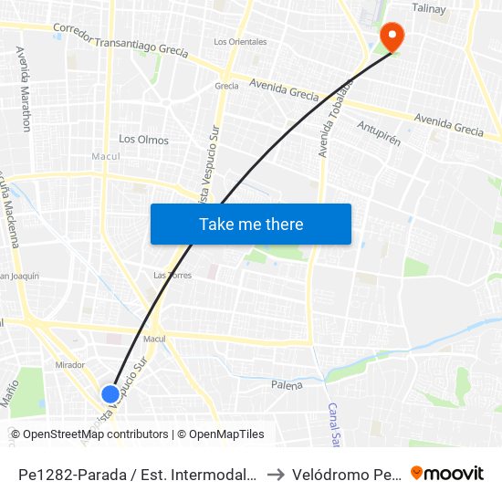 Pe1282-Parada / Est. Intermodal De La Florida to Velódromo Peñalolén​ map