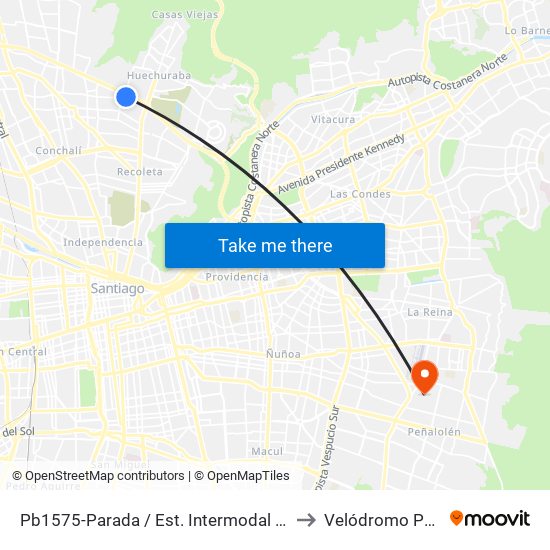 Pb1575-Parada / Est. Intermodal Vespucio Norte to Velódromo Peñalolén​ map