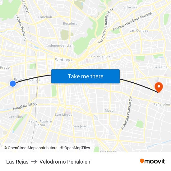 Las Rejas to Velódromo Peñalolén​ map