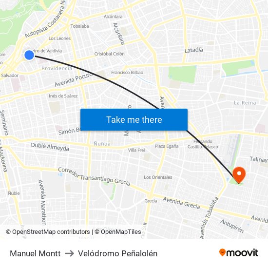 Manuel Montt to Velódromo Peñalolén​ map