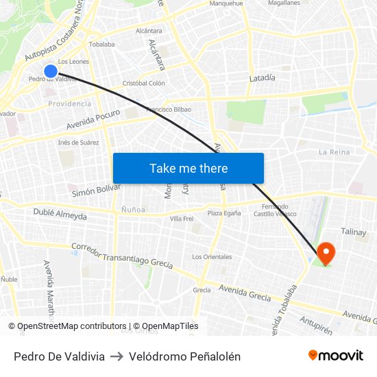 Pedro De Valdivia to Velódromo Peñalolén​ map