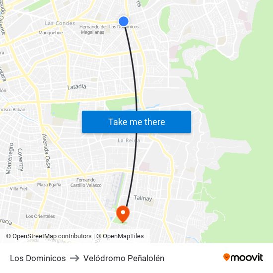 Los Dominicos to Velódromo Peñalolén​ map