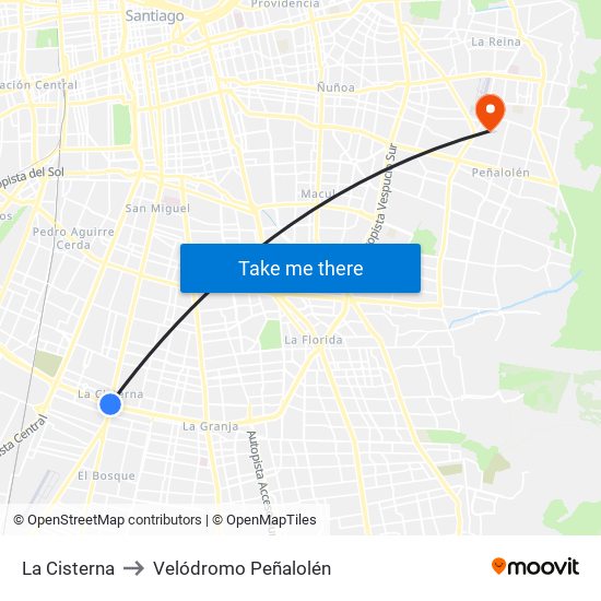 La Cisterna to Velódromo Peñalolén​ map