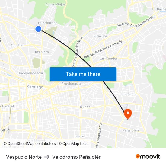 Vespucio Norte to Velódromo Peñalolén​ map