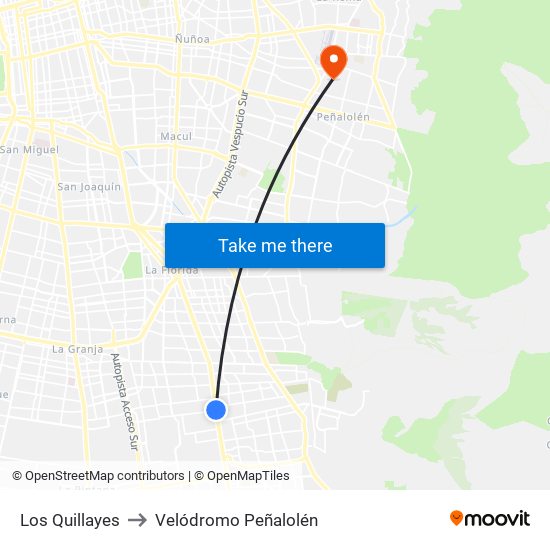 Los Quillayes to Velódromo Peñalolén​ map