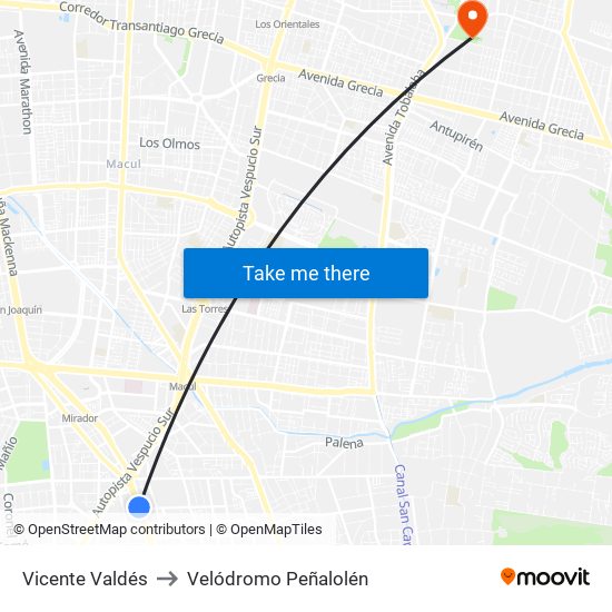 Vicente Valdés to Velódromo Peñalolén​ map