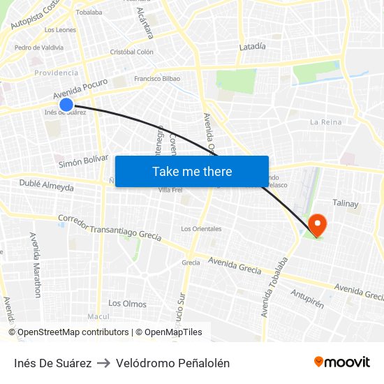 Inés De Suárez to Velódromo Peñalolén​ map