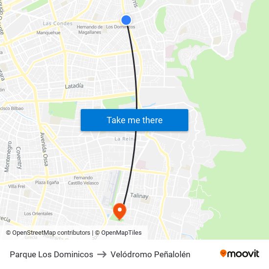 Parque Los Dominicos to Velódromo Peñalolén​ map