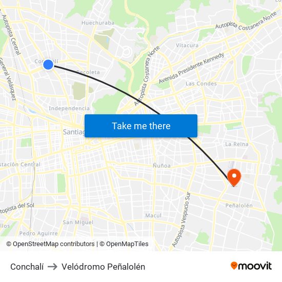 Conchalí to Velódromo Peñalolén​ map