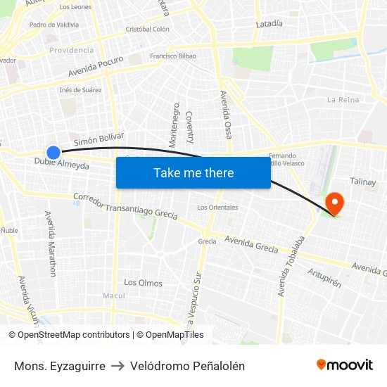 Mons. Eyzaguirre to Velódromo Peñalolén​ map