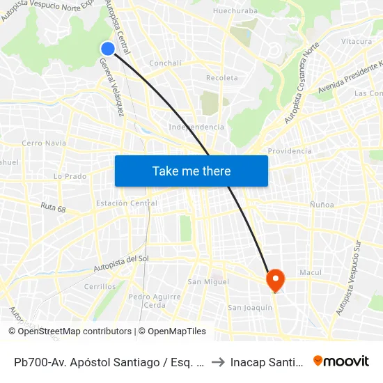 Pb700-Av. Apóstol Santiago / Esq. Las Margaritas to Inacap Santiago Sur map