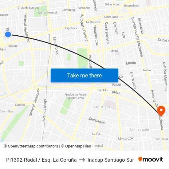 Pi1392-Radal / Esq. La Coruña to Inacap Santiago Sur map