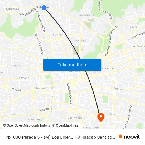 Pb1000-Parada 5 / (M) Los Libertadores to Inacap Santiago Sur map