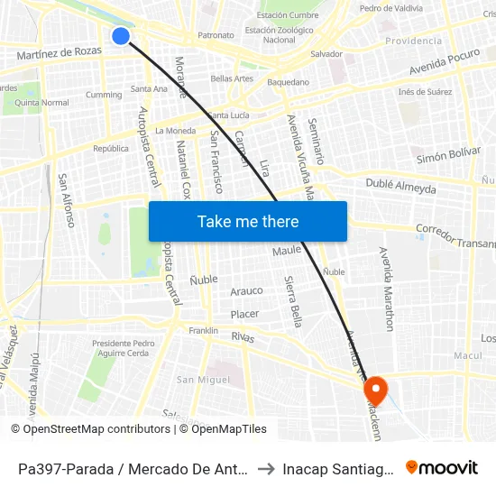 Pa397-Parada / Mercado De Anticuarios to Inacap Santiago Sur map