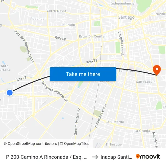 Pi200-Camino A Rinconada / Esq. Av. Las Naciones to Inacap Santiago Sur map