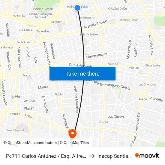 Pc711-Carlos Antúnez / Esq. Alfredo Barros E. to Inacap Santiago Sur map