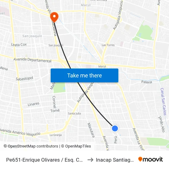 Pe651-Enrique Olivares / Esq. Colombia to Inacap Santiago Sur map