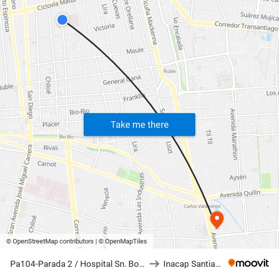 Pa104-Parada 2 / Hospital Sn. Borja Arriarán to Inacap Santiago Sur map