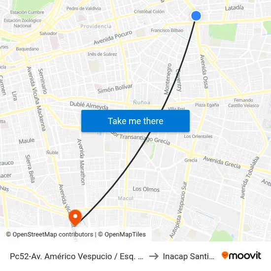 Pc52-Av. Américo Vespucio / Esq. Manuel Barrios to Inacap Santiago Sur map