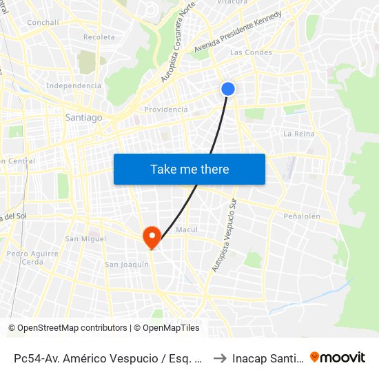 Pc54-Av. Américo Vespucio / Esq. Av. Cristóbal Colón to Inacap Santiago Sur map