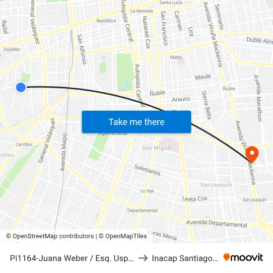 Pi1164-Juana Weber / Esq. Uspallata to Inacap Santiago Sur map