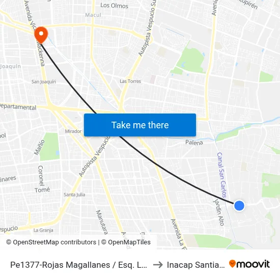 Pe1377-Rojas Magallanes / Esq. Las Nalcas Sur to Inacap Santiago Sur map
