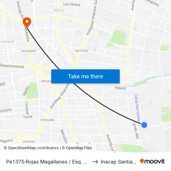 Pe1375-Rojas Magallanes / Esq. El Hualle Sur to Inacap Santiago Sur map